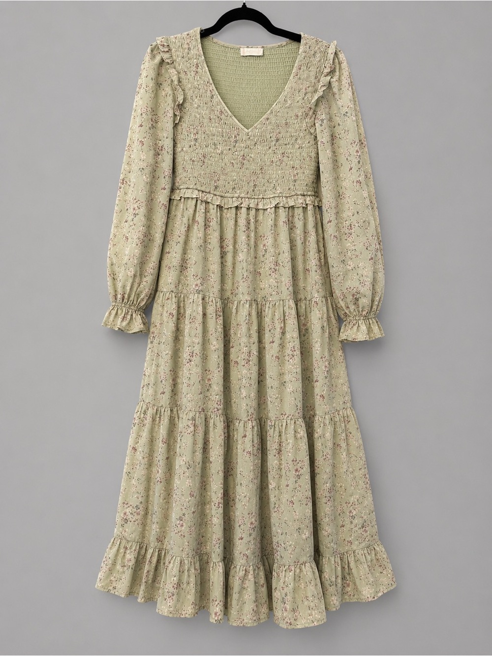 Altar'd State Sonia Floral Smocked Maxi Dress Sage Green Long Sleeve Tiered M